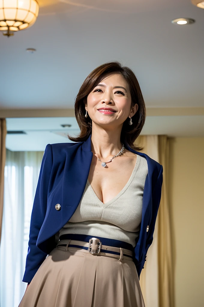 highres,realistic,(japanese mature woman politician:1.2),(45 years old:1.1),cleavage,earrings,real skin,mole under eye,smile,(gigantic breasts:1.3),sagging breasts,silver necklace,,meeting,indoors,wide hips,lower abdomen,slit skirt,summer,hotel conference hall,from below ,from side ,politicians' clothes,gathering,open clothes,sexy jacket,cute face,medium hair,