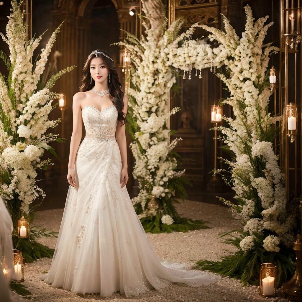 Generate an image of an extraordinarily beautiful 20-year-old Asian woman standing alone, whose beauty rivals that of a goddess of the fire element. She has large brown eyes, dark brown hair, glowing skin, and a captivating appearance. She is wearing a stunning white wedding dress that accentuates her elegance. The woman stands charmingly alone, her beauty appearing as if blessed by nature, in a very romantic and lovely aisle adorned with flowers and soft lighting, exuding a magical and serene atmosphere.