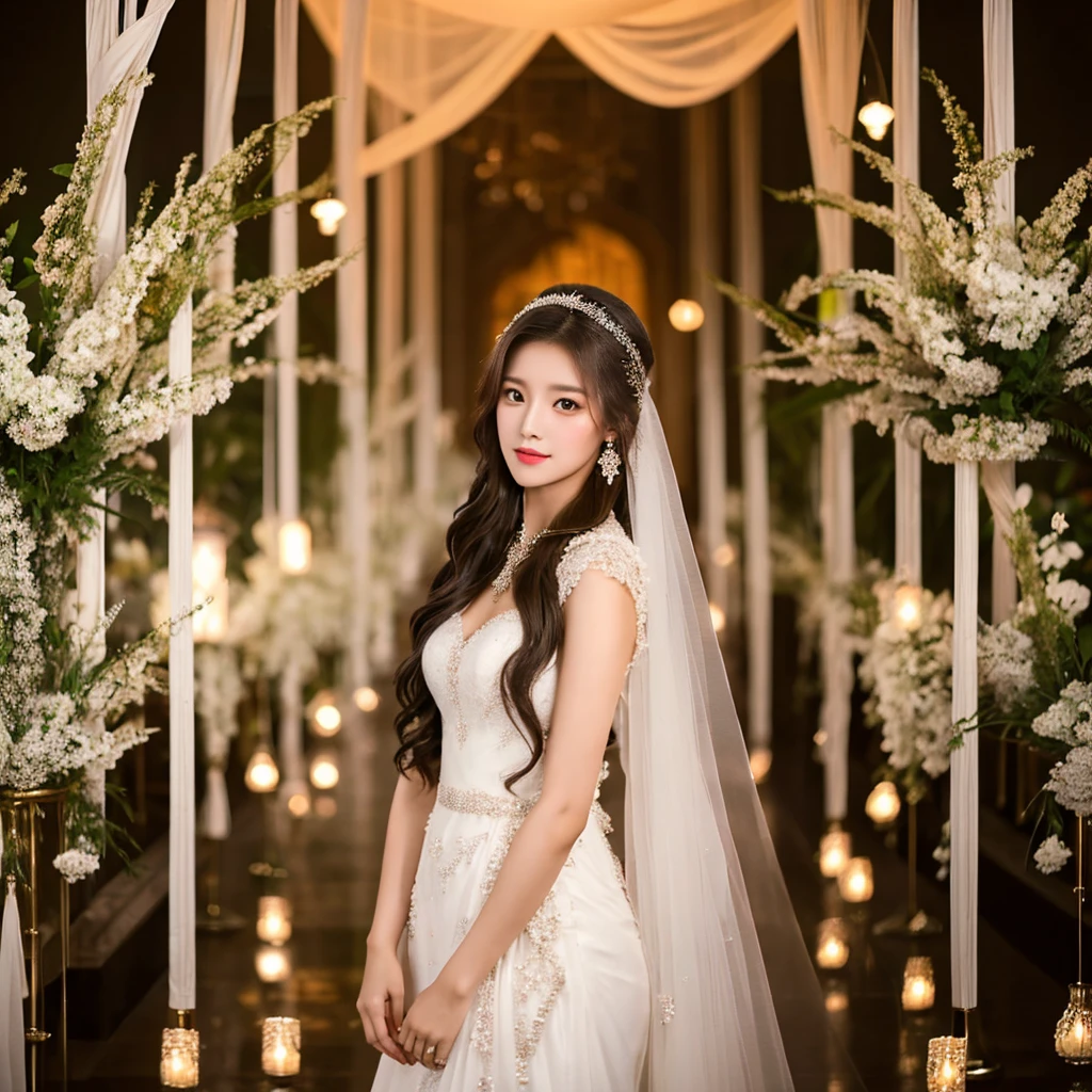 Generate an image of an extraordinarily beautiful 20-year-old Asian woman standing alone, whose beauty rivals that of a goddess of the fire element. She has large brown eyes, dark brown hair, glowing skin, and a captivating appearance. She is wearing a stunning white wedding dress that accentuates her elegance. The woman stands charmingly alone, her beauty appearing as if blessed by nature, in a very romantic and lovely aisle adorned with flowers and soft lighting, exuding a magical and serene atmosphere.
