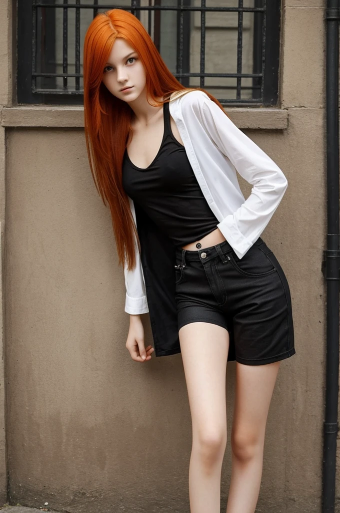 15 year old girl with very long and tall legs. Perfect, now make her hair orange and make her goth. Now make her sexy and give her booty shorts. 