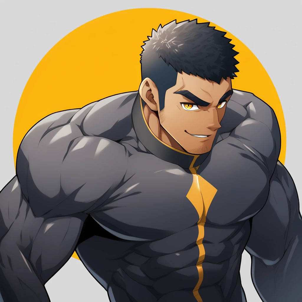 anime characters:Gyee, Muscle Sports Student, negro black skin, 1 dark skin muscular tough guy, Manliness, male focus, Dark grey high collar long sleeve wetsuit, Matte texture, Very tight, Round, full and perky chest muscles, Slightly transparent, muscular male, muscular, only, Upper body, alone, Black short hair, Thick eyebrows, stubble, Yellow eyes, Grey background, simple background, amazing quality, best aesthetics, Ridiculous, bright pupils, crew cut, parted lips, seductive smile, torogao, naughty face, best quality