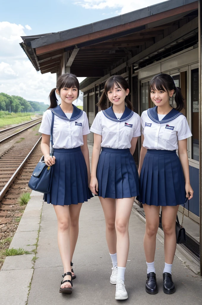 girls in rural railway station,Japanese train on far side,cumulonimbus cloud in summer sky,short-sleeved white shirt with sailor collar,navy blue pleated skirt,school bag,18-year-old,bangs,a little smile,thighs,knees,short hair with low pigtails bunches,from beside,front light