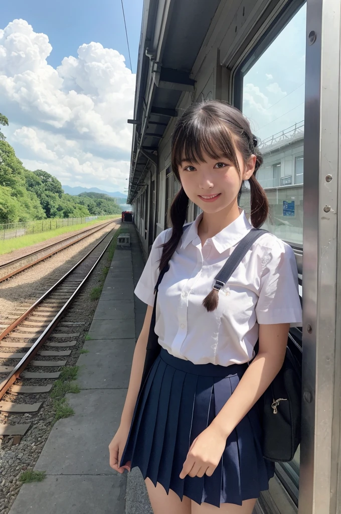 girls in rural railway station,Japanese train on far side,cumulonimbus cloud in summer sky,short-sleeved white shirt with sailor collar,navy blue pleated skirt,school bag,18-year-old,bangs,a little smile,thighs,knees,short hair with low pigtails bunches,from beside,front light