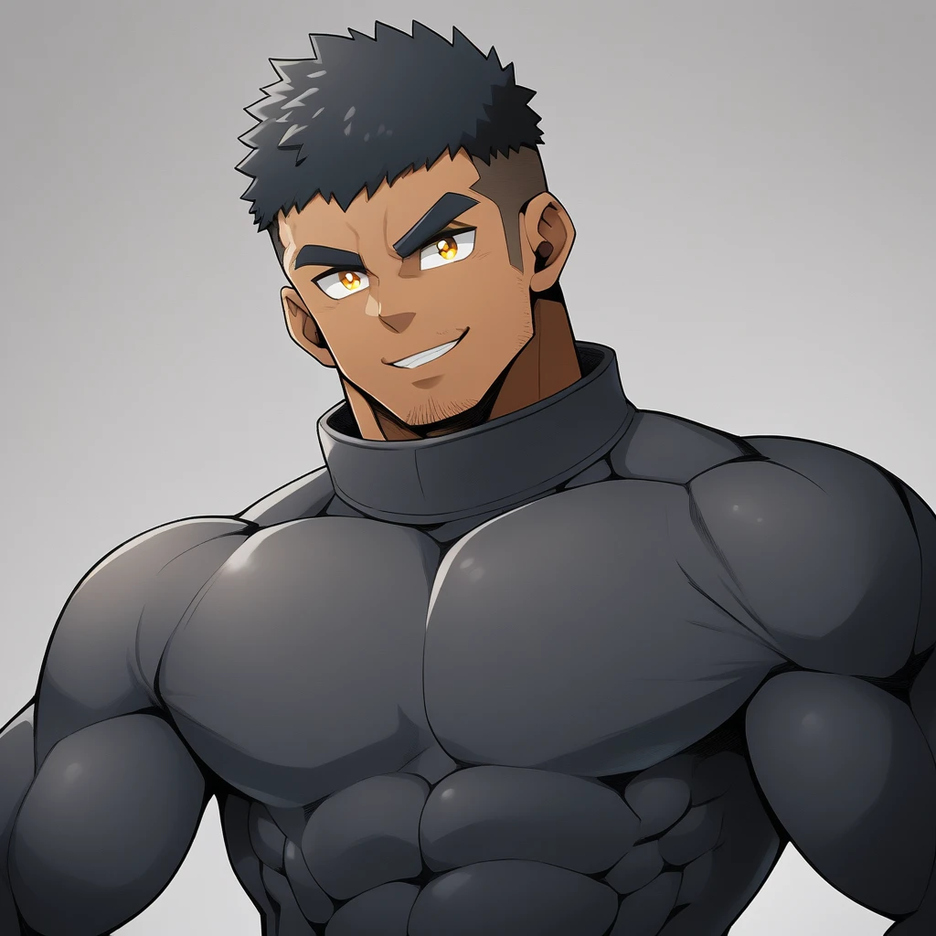 anime characters:Gyee, Muscle Sports Student, negro black skin, 1 dark skin muscular tough guy, Manliness, male focus, Dark grey high collar long sleeve wetsuit, Matte texture, Very tight, Round, full and perky chest muscles, Slightly transparent, muscular male, muscular, only, Upper body, alone, Black short hair, Thick eyebrows, stubble, Yellow eyes, Grey background, simple background, amazing quality, best aesthetics, Ridiculous, bright pupils, crew cut, parted lips, seductive smile, torogao, naughty face, best quality