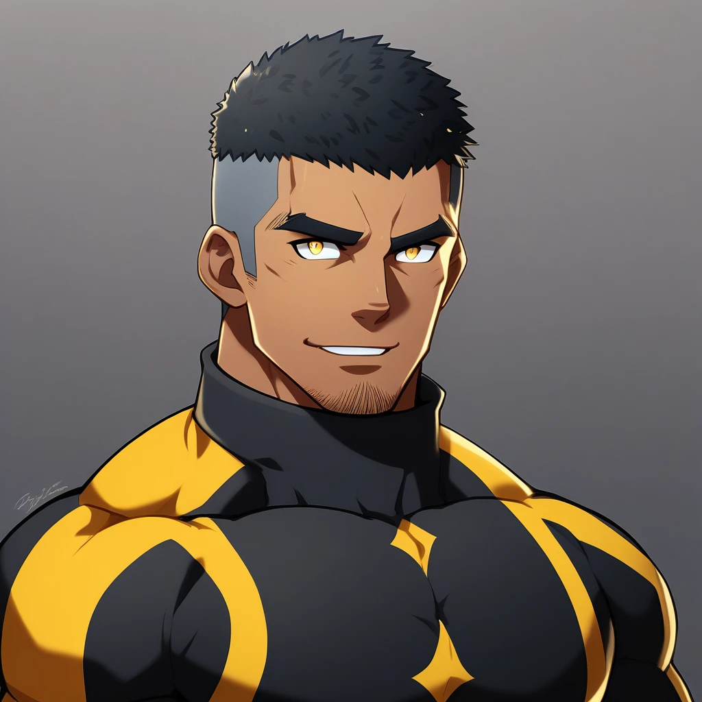 anime characters:Gyee, Muscle Sports Student, negro black skin, 1 dark skin muscular tough guy, Manliness, male focus, Dark grey high collar long sleeve wetsuit, Matte texture, Very tight, Round, full and perky chest muscles, Slightly transparent, muscular male, muscular, only, Upper body, alone, Black short hair, Thick eyebrows, stubble, Yellow eyes, Grey background, simple background, amazing quality, best aesthetics, Ridiculous, bright pupils, crew cut, parted lips, seductive smile, torogao, naughty face, best quality