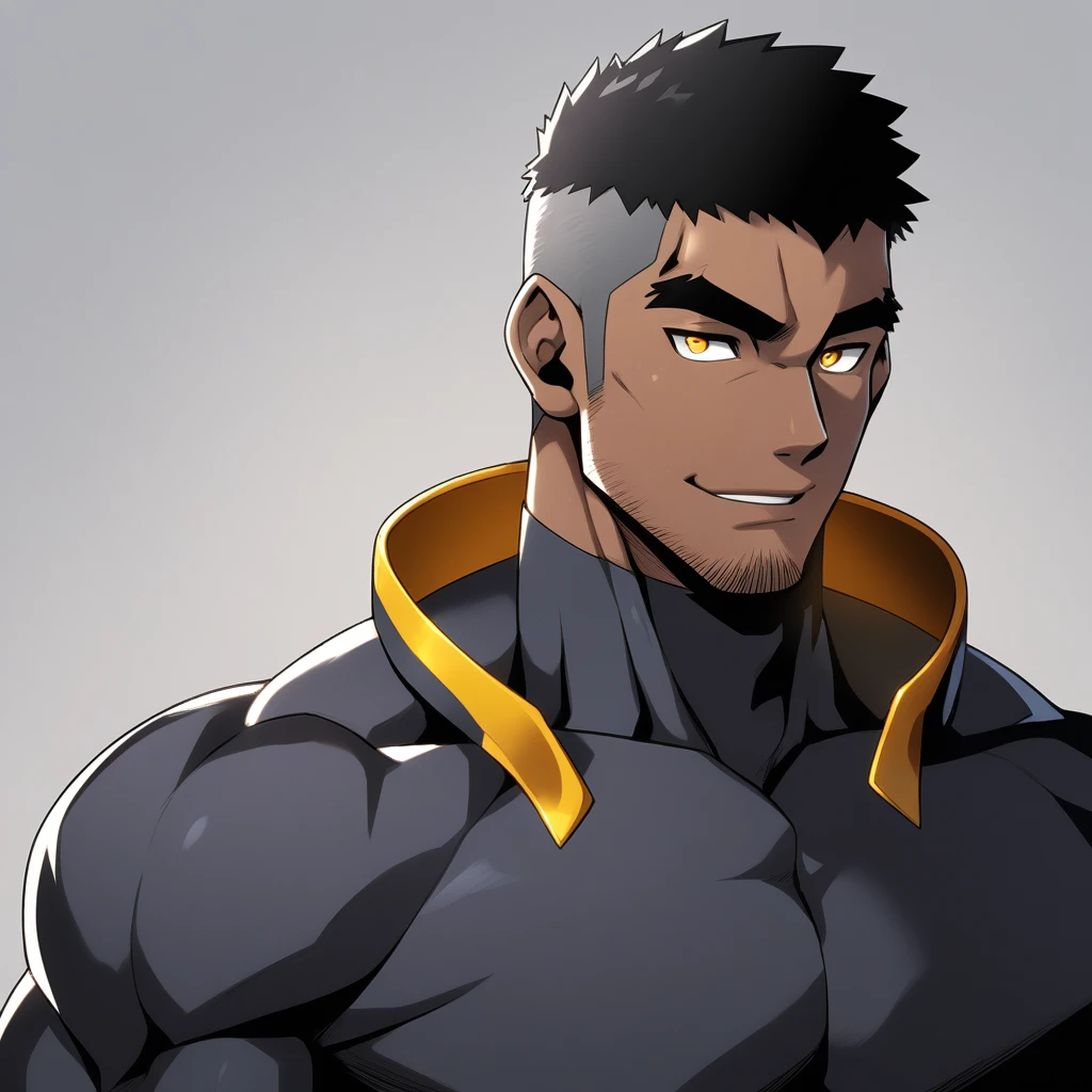 anime characters:Gyee, Muscle Sports Student, negro black skin, 1 dark skin muscular tough guy, Manliness, male focus, Dark grey high collar long sleeve wetsuit, Matte texture, Very tight, Round, full and perky chest muscles, Slightly transparent, muscular male, muscular, only, Upper body, alone, Black short hair, Thick eyebrows, stubble, Yellow eyes, Grey background, simple background, amazing quality, best aesthetics, Ridiculous, bright pupils, crew cut, parted lips, seductive smile, torogao, naughty face, best quality