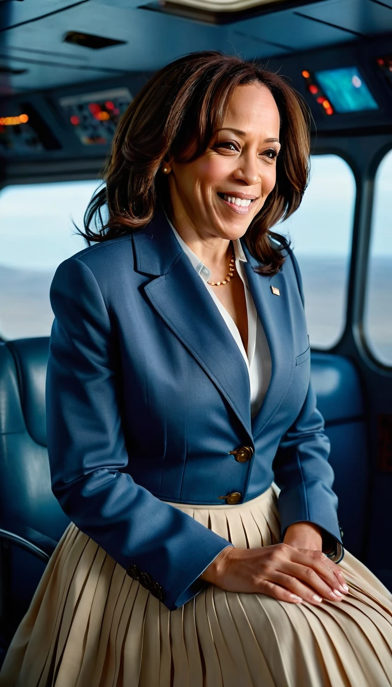 Insatiable Skirt lover and kind, shy woman Kamala Harris has Intense Orgasming love for her skirt, sitting and wearing (long pleated full circle skirt), uniform jacket and strapless low pump office shoes, (pronounced (feminine) features), (very windy), skirt is flowing wildly in the wind, inside a spaceship travelling through deep space, very, very intricate hyper-detailed symmetric (attractive graceful young feminine face) with (sad, tired eyes and a loving smile), very voluptuous breasts, full of empathy and compassion and love, (pronounced (feminine) features), (highly detailed ultra accurate realistic) hands and fingers, (windy), epic composition, highly detailed attributes, (35mm f1.4 Kodak portra 400 photograph), extremely high quality RAW photograph, highly detailed atmosphere, sci-fi, cinematic shot, dynamic lighting, 75mm, Technicolor, Panavision, cinemascope, sharp focus, fine details, 8k, HDR, realism, realistic, key visual, film still, superb cinematic color grading, depth of field
