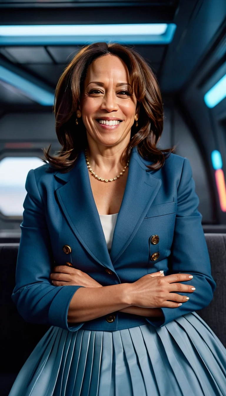 Insatiable Skirt lover and kind, shy woman Kamala Harris has Intense Orgasming love for her skirt, sitting and wearing (long pleated full circle skirt), uniform jacket and strapless low pump office shoes, (pronounced (feminine) features), (very windy), skirt is flowing wildly in the wind, inside a spaceship travelling through deep space, very, very intricate hyper-detailed symmetric (attractive graceful young feminine face) with (sad, tired eyes and a loving smile), very voluptuous breasts, full of empathy and compassion and love, (pronounced (feminine) features), (highly detailed ultra accurate realistic) hands and fingers, (windy), epic composition, highly detailed attributes, (35mm f1.4 Kodak portra 400 photograph), extremely high quality RAW photograph, highly detailed atmosphere, sci-fi, cinematic shot, dynamic lighting, 75mm, Technicolor, Panavision, cinemascope, sharp focus, fine details, 8k, HDR, realism, realistic, key visual, film still, superb cinematic color grading, depth of field