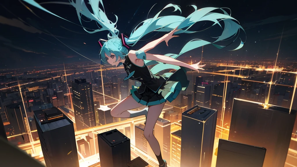 Image of Hatsune Miku performing in hip-hop style with the city night view as the background。