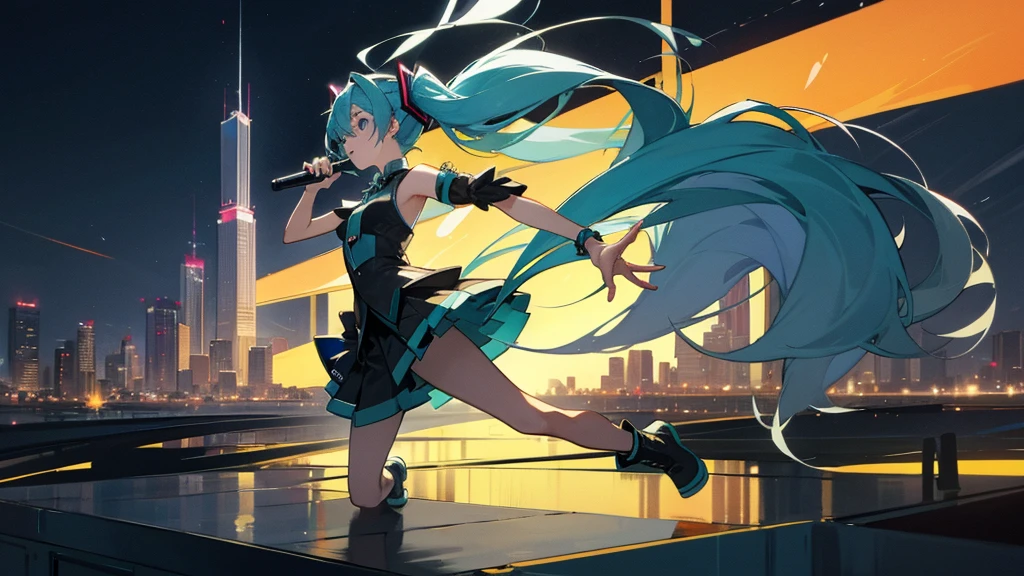 Image of Hatsune Miku performing in hip-hop style with the city night view as the background。