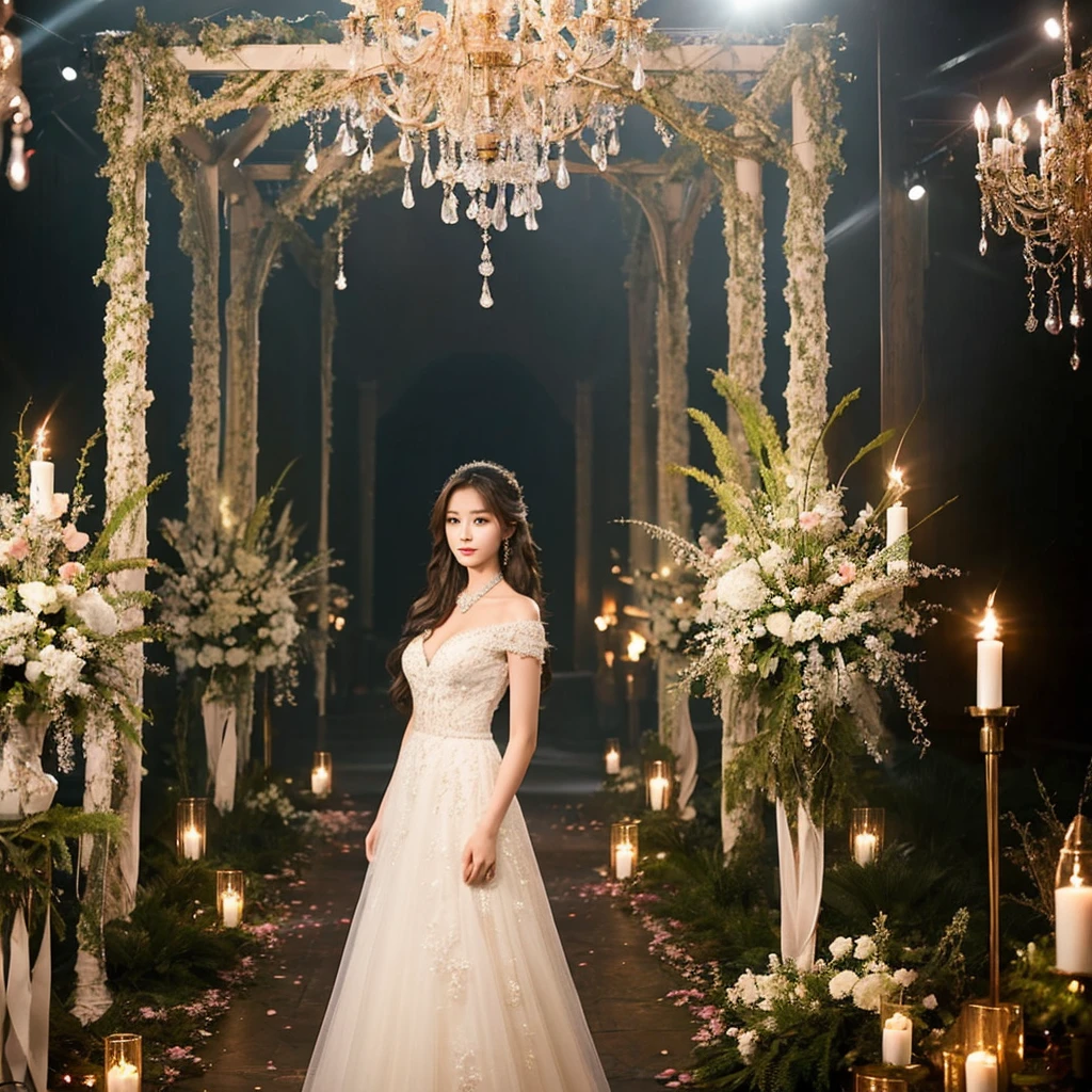 Generate an image of an extraordinarily beautiful 20-year-old Asian woman standing alone, whose beauty rivals that of a goddess of the fire element. She has large brown eyes, dark brown hair, glowing skin, and a captivating appearance. She is wearing a stunning white wedding dress that accentuates her elegance. The woman stands charmingly alone, her beauty appearing as if blessed by nature, in a very romantic and lovely aisle adorned with flowers and soft lighting, exuding a magical and serene atmosphere.