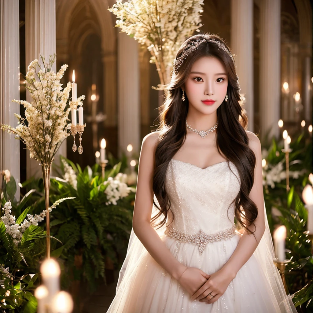 Generate an image of an extraordinarily beautiful 20-year-old Asian woman standing alone, whose beauty rivals that of a goddess of the fire element. She has large brown eyes, dark brown hair, glowing skin, and a captivating appearance. She is wearing a stunning white wedding dress that accentuates her elegance. The woman stands charmingly alone, her beauty appearing as if blessed by nature, in a very romantic and lovely aisle adorned with flowers and soft lighting, exuding a magical and serene atmosphere.