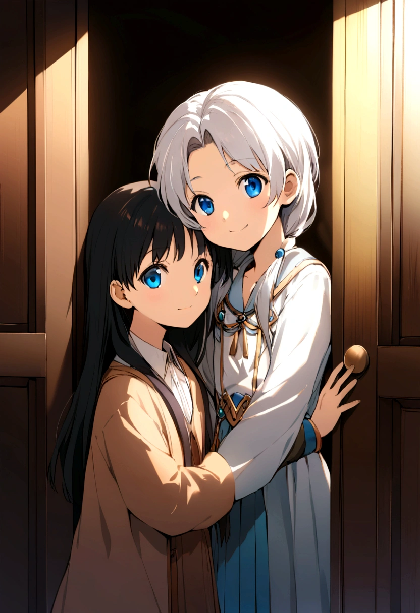 A young girl, , with long white hair and blue eyes from the past, and a young man with black hair and blue eyes, a wizard from the future. The separation between them is the door of times, and they smile.