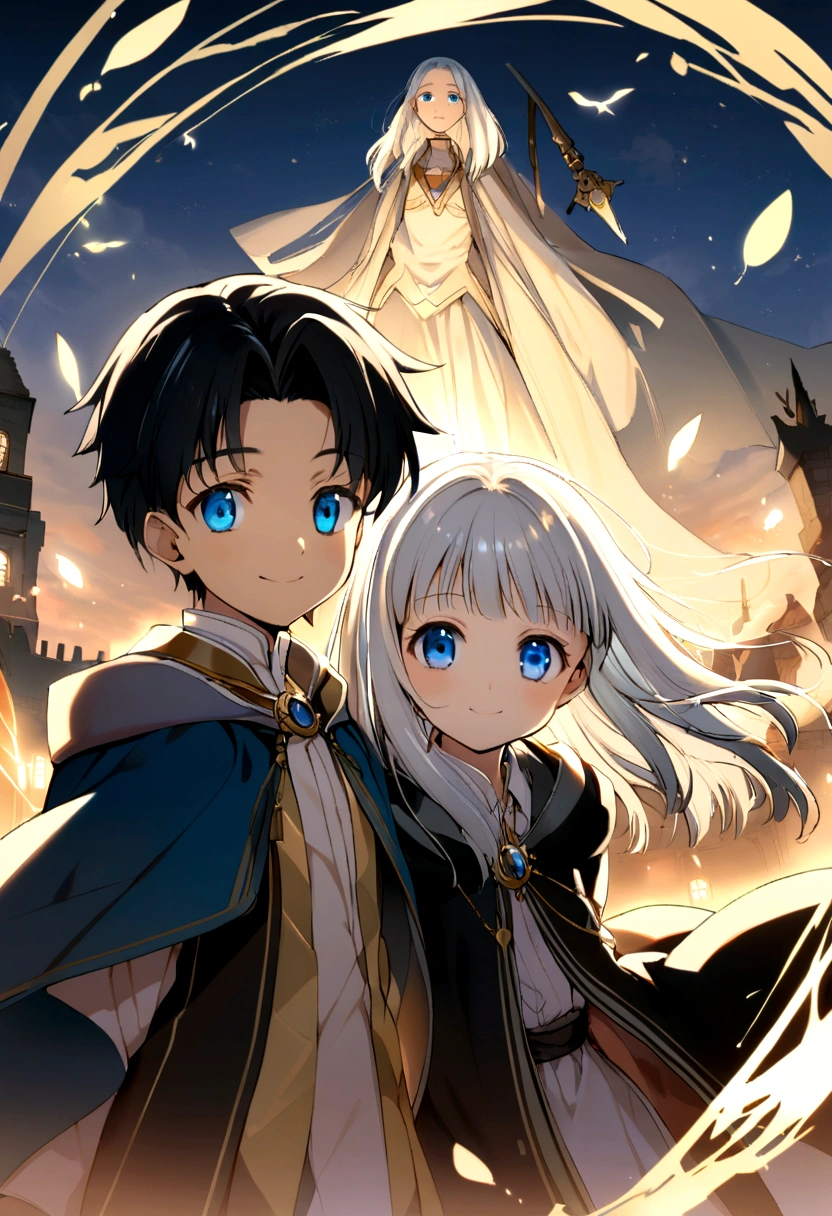 A young girl, ************, with long white hair and blue eyes from the past, and a young man with black hair and blue eyes, a wizard from the future. The separation between them is the door of times, and they smile.