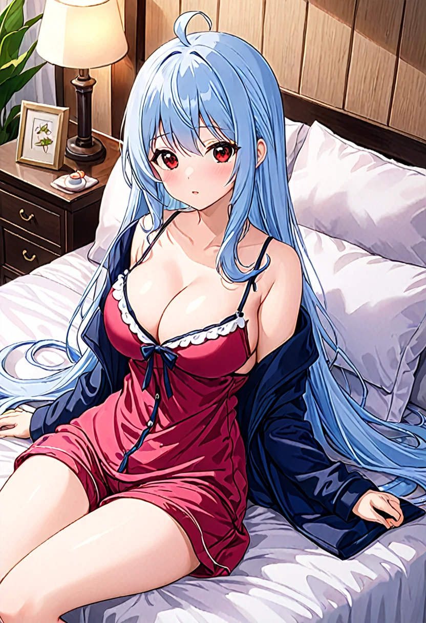 My name is Yukiko.I am a white test woman with long Sky blue hair,red eye color.I am 1.62 cm tall . My breasts measure 200 cm, my waist 40 cm and my hips 200 cm. Dressed with in a sweet and lovely pajama low-cut set velvet tube top and shorts, cartoon two-piece sleepwear sets  . With big breasts 200 cm