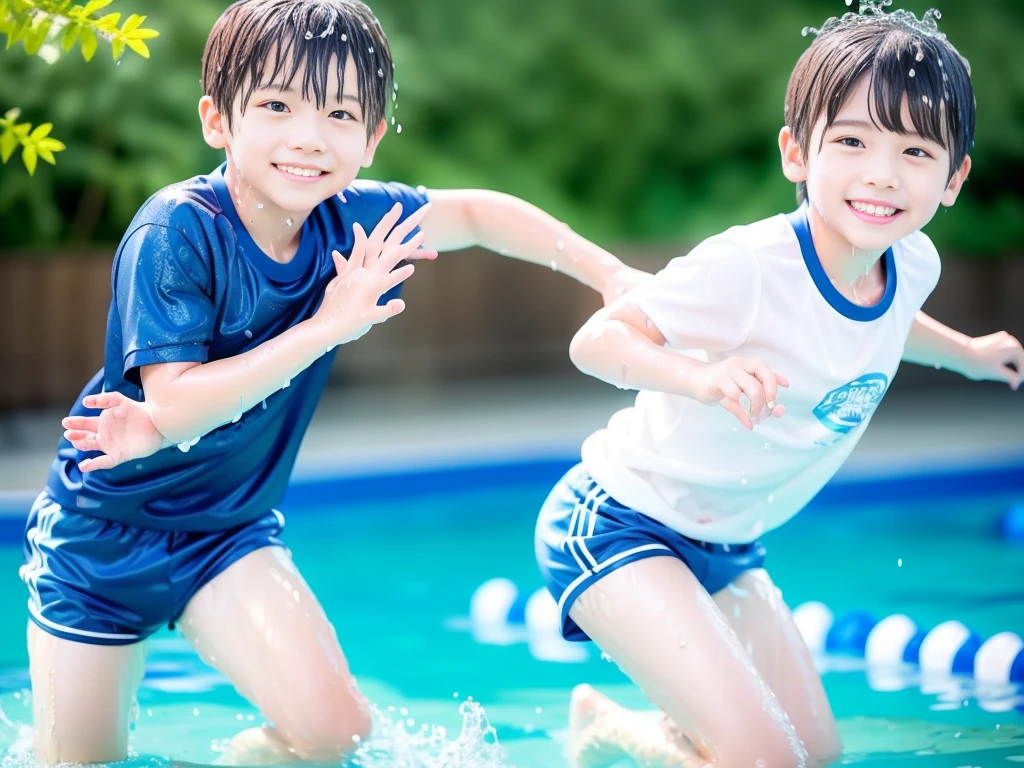 hot summer、primary school、Summer swimming pool、Fun every day、Get wet all over、Japan Boy、Glowing water splashes、Pool lessons、Boy playing in water、The happy boys、Strong sunlight、Short sleeve gym uniform、Blue shorts、barefoot，Boys only 、１０age、high resolution、masterpiece