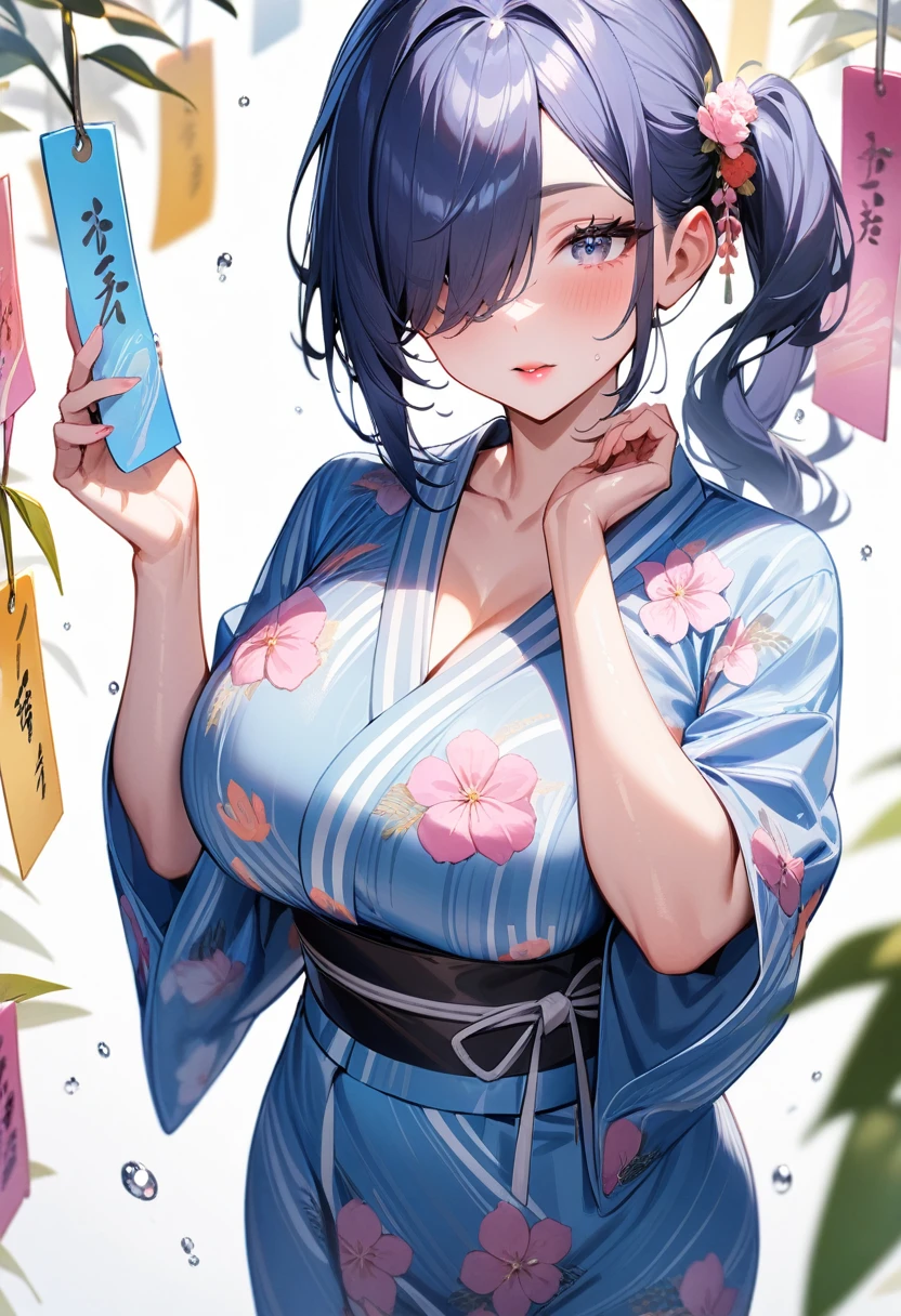 1girl,solo,super detailed skin,shiny skin,natural face,blue hair,hair over one eye,half open eye,eyelashes,lips gloss,side ponytail ,large breasts,flower pattern yukata,tanabata,cowboy shot,water magic,simple background,masterpiece,best quality,ultra detailed,high resolution,sharp focus