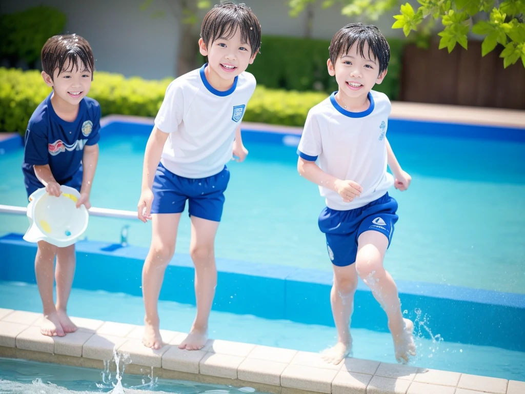 hot summer、、Summer swimming pool、Fun every day、Get wet all over、Japan Boy、Glowing water splashes、Pool lessons、Boy playing in water、The happy boys、Strong sunlight、Short sleeve gym uniform、Blue shorts、barefoot,Boys only 、10age、high resolution、masterpiece