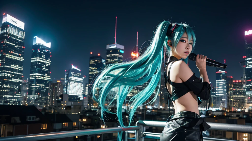 Image of Hatsune Miku performing in hip-hop style with the city night view as the background。
