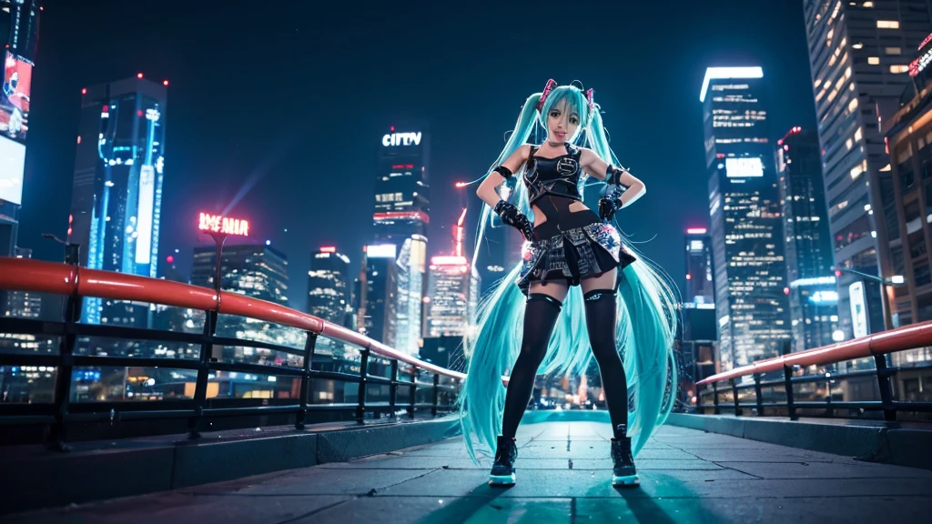 Image of Hatsune Miku performing in hip-hop style with the city night view as the background。