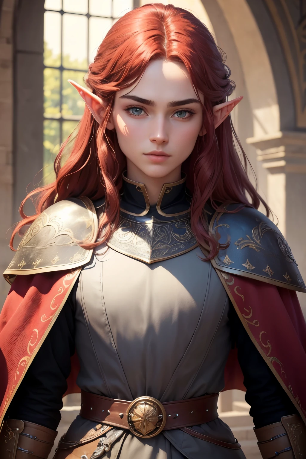 ((best quality)), ((masterpiece)), (detailed), Prize-winning works, with incredible details, maximum textures and details, uhd ,8K,super resolution ,depth of field, retina, masterpiece, anatomically correct, textured skin, super detail, high details, highres ,1 Male Elf Medieval Fantasy RPG Adventurer,long red hair ,similar to the work of JRR Tolkien,black long cape ,lightweight armour,fully body, hyper-detailed piercing eyes , (25 year old young man :1.1,detailedeyes, face detailed, whole body:1.1,the background is a magnificent castle ),(best qualityer:1.2,ultra detali:1.1,realisitic:1.37) ,eyeshadows,sharp focus,swirly vibrant colors,)
