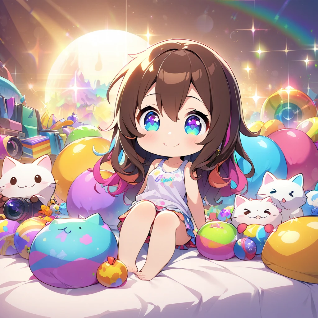 masterpiece, best quality, 4k、2D illustration、one beautiful girl、solo、(((chibi style)))、((vivid colors))、cute chibi、lovely chibi、long beautiful hair, glossy brown hair, hair between eyes, cute、beautifully detailed eyes、((tank top))、((miniskirt))、((colorful))、((happy smile))、sitting on bed、((full body shot))、((kitten)), ((lots of colorful stuff around))、((bed))、sparkle、((lens flare))、