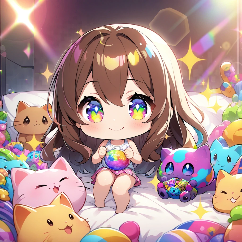 masterpiece, best quality, 4k、2D illustration、one beautiful girl、solo、(((chibi style)))、((vivid colors))、cute chibi、lovely chibi、long beautiful hair, glossy brown hair, hair between eyes, cute、beautifully detailed eyes、((tank top))、((miniskirt))、((colorful))、((happy smile))、sitting on bed、((full body shot))、((kitten)), ((lots of colorful stuff around))、((bed))、sparkle、((lens flare))、