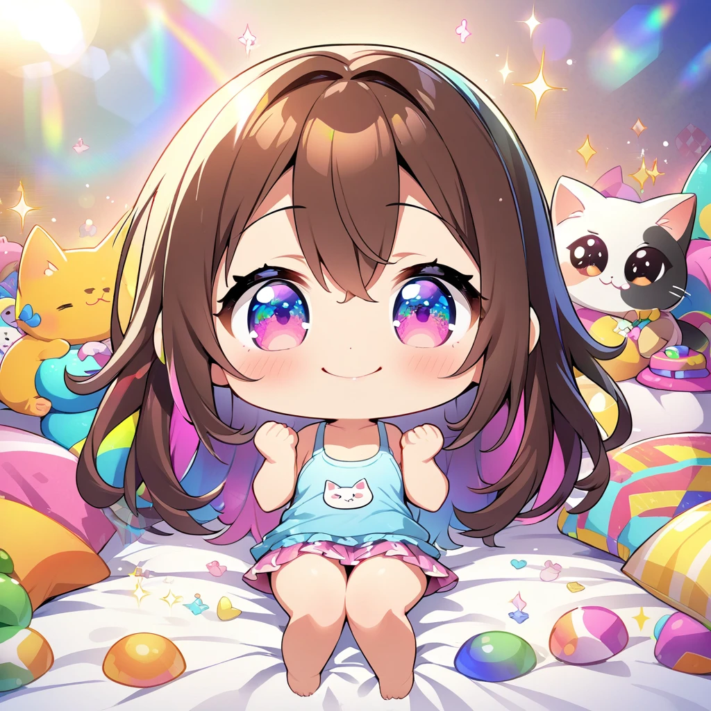 masterpiece, best quality, 4k、2D illustration、one beautiful girl、solo、(((chibi style)))、((vivid colors))、cute chibi、lovely chibi、long beautiful hair, glossy brown hair, hair between eyes, cute、beautifully detailed eyes、((tank top))、((miniskirt))、((colorful))、((happy smile))、sitting on bed、((full body shot))、((kitten)), ((lots of colorful stuff around))、((bed))、sparkle、((lens flare))、