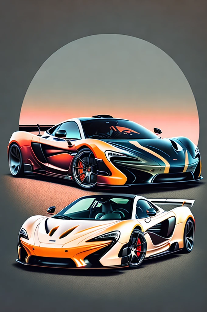 T-shirt graphic design art, a retro graphic design, McLaren p1, two miami, soft four-color color, vintage pastel tone, highly detailed cleanliness, vector image, masterpiece realistic, professional photograpy, realistic car, simple car sunrise background, flat black background, isometric, vibrant vector