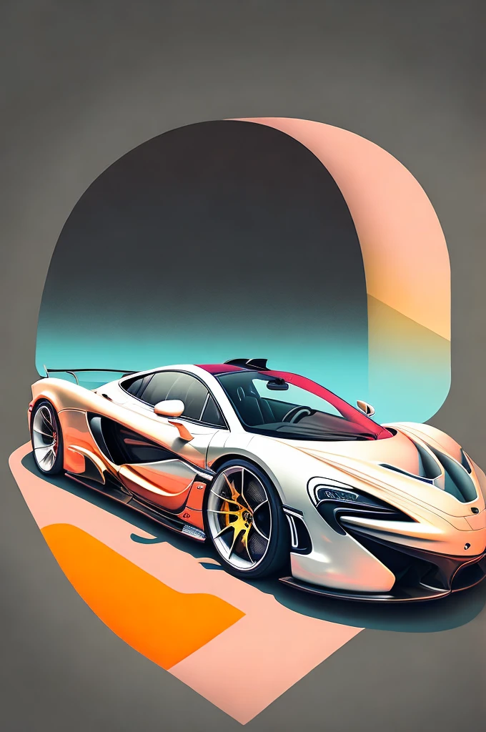 T-shirt graphic design art, a retro graphic design, McLaren p1, two miami, soft four-color color, vintage pastel tone, highly detailed cleanliness, vector image, masterpiece realistic, professional photograpy, realistic car, simple car sunrise background, flat black background, isometric, vibrant vector
