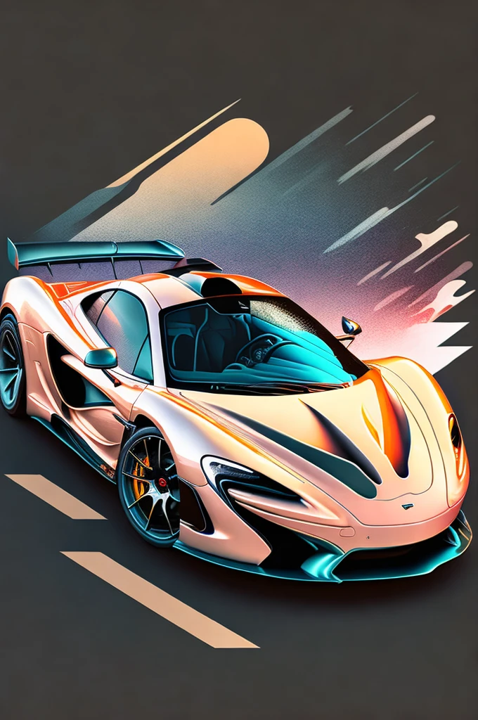 T-shirt graphic design art, a retro graphic design, McLaren p1, two miami, soft four-color color, vintage pastel tone, highly detailed cleanliness, vector image, masterpiece realistic, professional photograpy, realistic car, simple car sunrise background, flat black background, isometric, vibrant vector