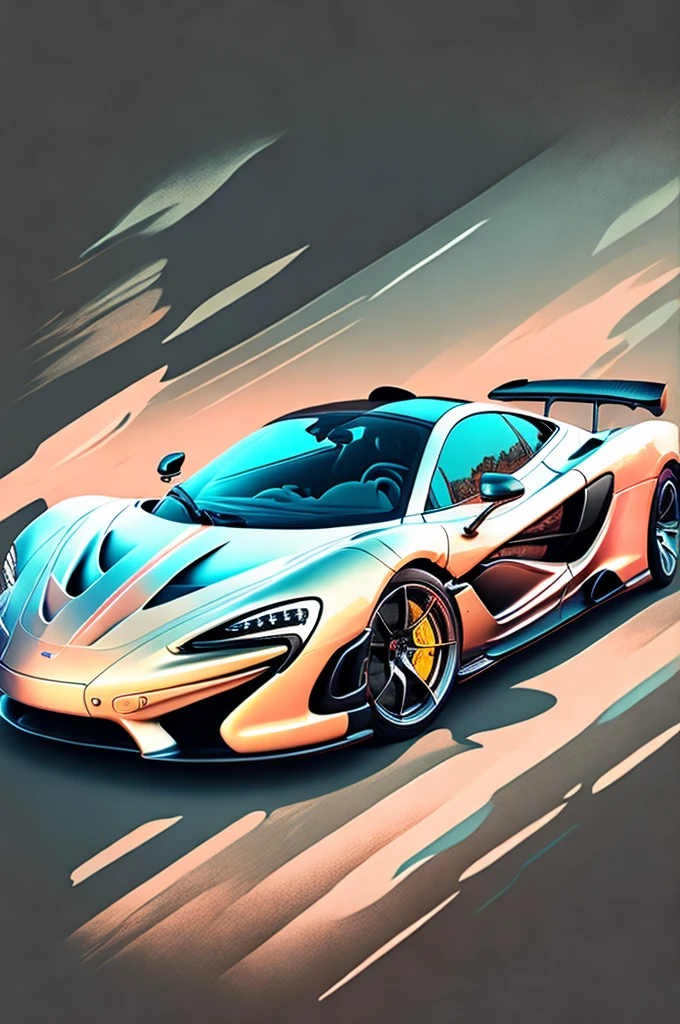 T-shirt graphic design art, a retro graphic design, McLaren p1, two miami, soft four-color color, vintage pastel tone, highly detailed cleanliness, vector image, masterpiece realistic, professional photograpy, realistic car, simple car sunrise background, flat black background, isometric, vibrant vector