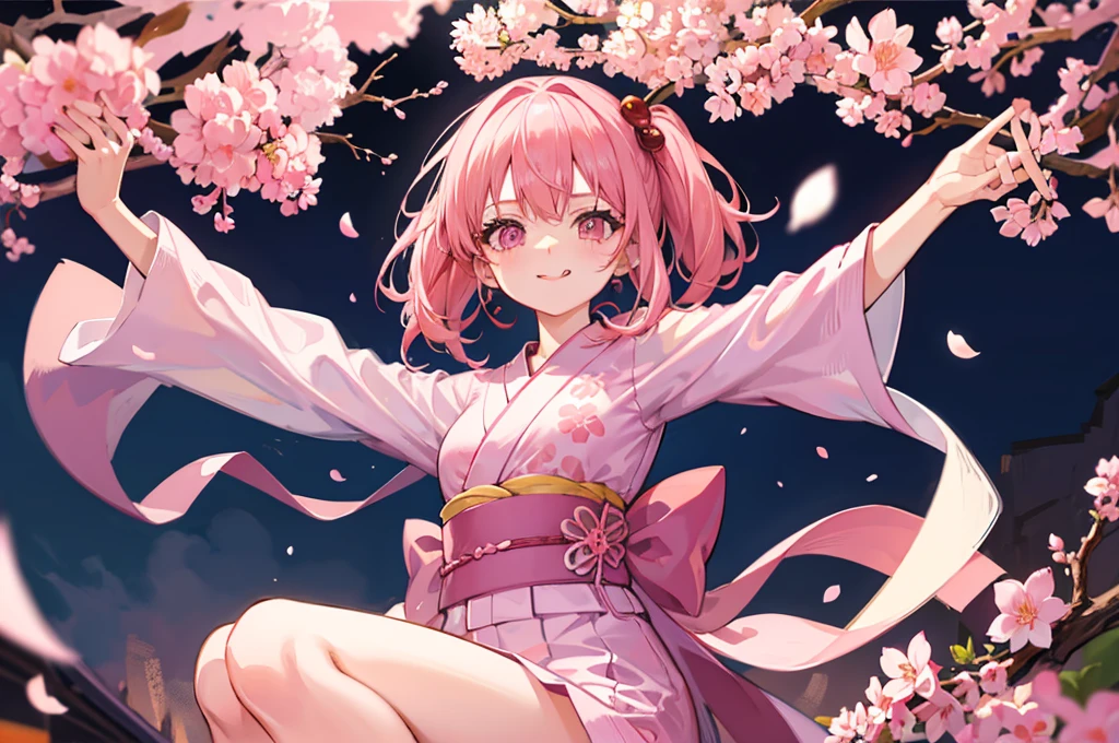 Pink Hair Pink eyes Small breasts Brat Tongue out Cherry blossom pattern yukata Fantastic place Dancing with a fan in each hand high school student Side tail hairstyle R18