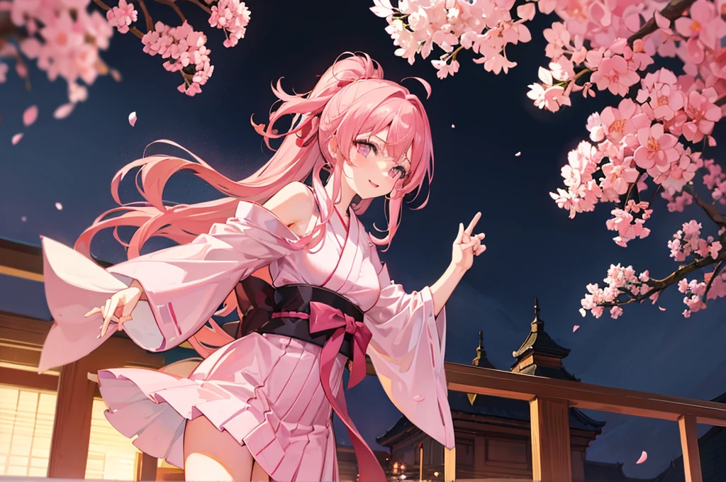 Pink Hair Pink eyes Small breasts Brat Tongue out Cherry blossom pattern yukata Fantastic place Dancing with a fan in each hand high school student Side tail hairstyle R18