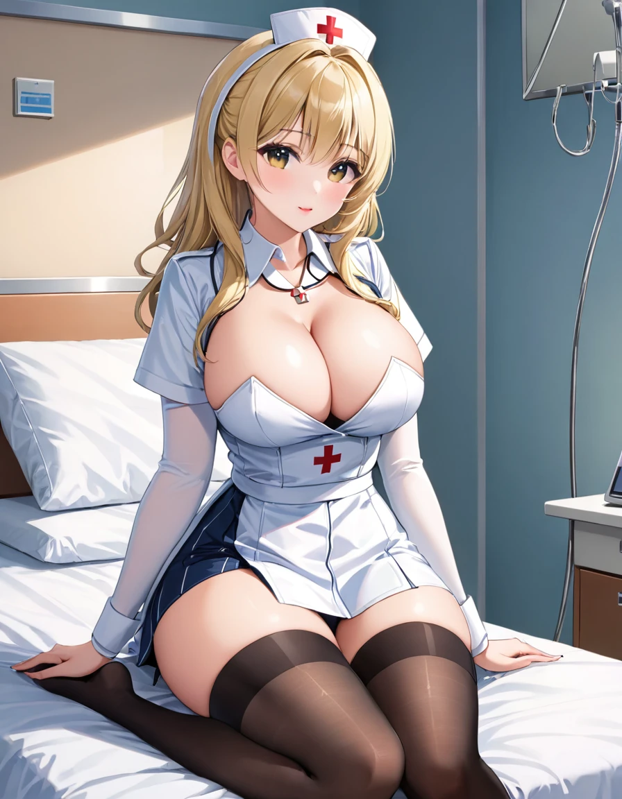 score_9, score_8_up, score_7_up, score_6_up, 1girl, nurse, , small waist, wide hips, nurse outfit, stockings, from front, sitting on a bed, straight legs, hospital, blonde hair, cleav