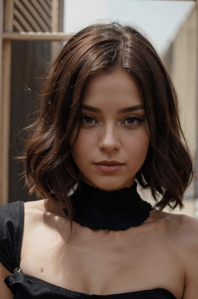jeune femme vue de face qui cambre des fesses, aux cheveux lond bouclés brun et noir typé Italienne en porte jarretelle en denttelle transparante noir et rouge