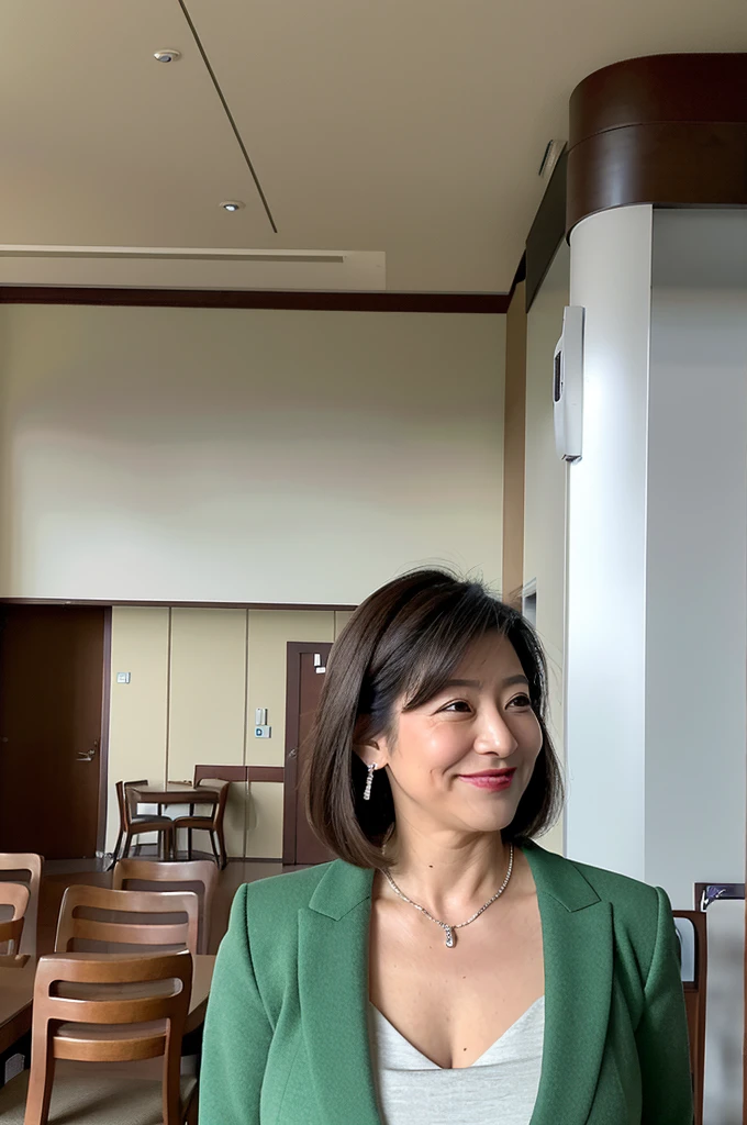 highres,realistic,(japanese mature woman politician:1.2),(45 years old:1.1),cleavage,earrings,real skin,mole under eye,smile,(gigantic breasts:1.3),sagging breasts,silver necklace,,meeting,indoors,wide hips,lower abdomen,slit skirt,summer,hotel conference hall,from below ,from side ,politicians' clothes,gathering,open clothes,sexy jacket,(cute face:1.3),medium hair,