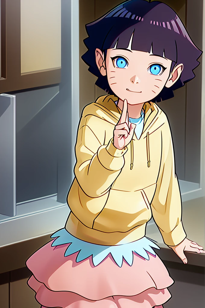 Himawari Uzumaki, Youngh, pointy ears, , wearing yellow sweatshirt, pink skirt, pose, fluffly, gazing at viewer, Great traits, best qualityer, no flaws 