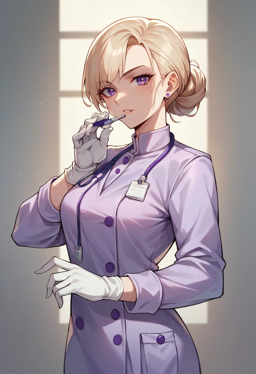 1girl, light hair, ((white gloves)), ((surgical gloves)), ((latex gloves)), ((long sleeves)) ((purple surgeon outfit)), looking at viewer, ((purple doctor outfit)), standing, solo