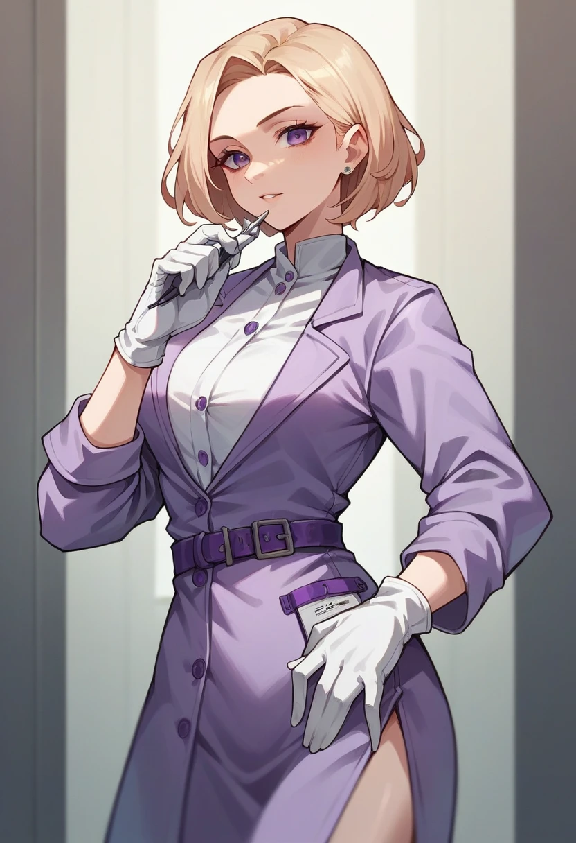 1girl, light hair, ((white gloves)), ((surgical gloves)), ((latex gloves)), ((long sleeves)) ((purple surgeon outfit)), looking at viewer, ((purple doctor outfit)), standing, solo