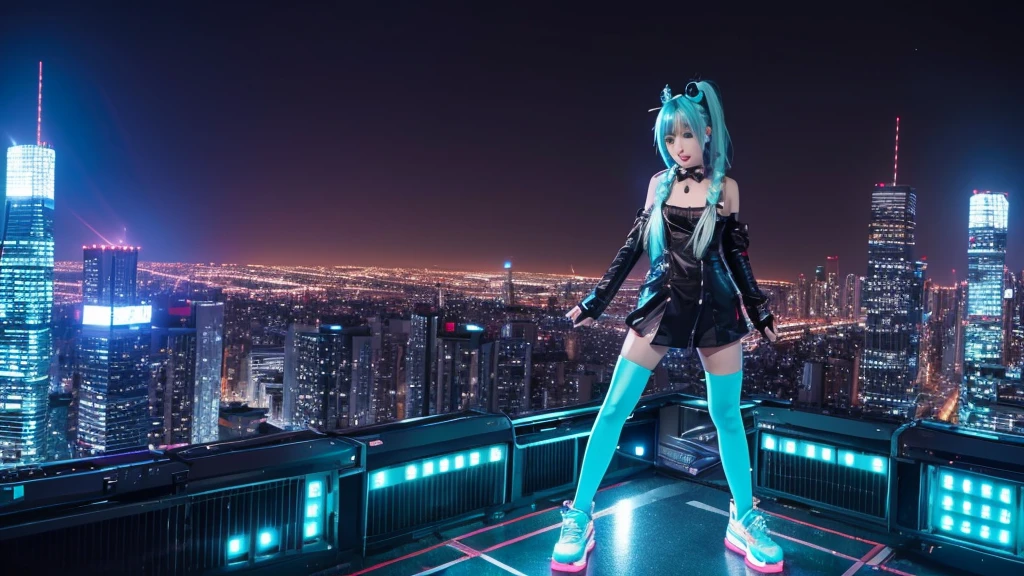 Image of Hatsune Miku performing in hip-hop style with the city night view as the background。