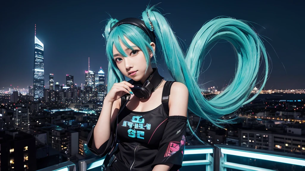 Image of Hatsune Miku performing in hip-hop style with the city night view as the background。