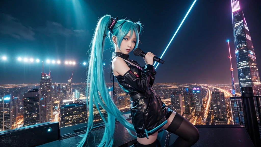 Image of Hatsune Miku performing in hip-hop style with the city night view as the background。