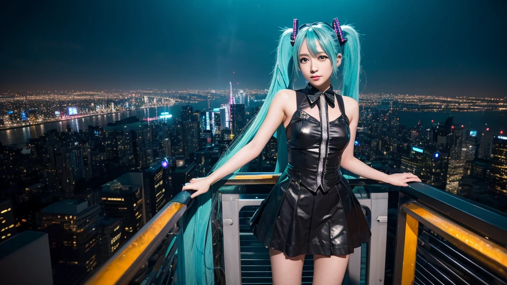 Image of Hatsune Miku performing in hip-hop style with the city night view as the background。