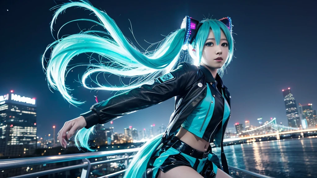 Image of Hatsune Miku performing in hip-hop style with the city night view as the background。