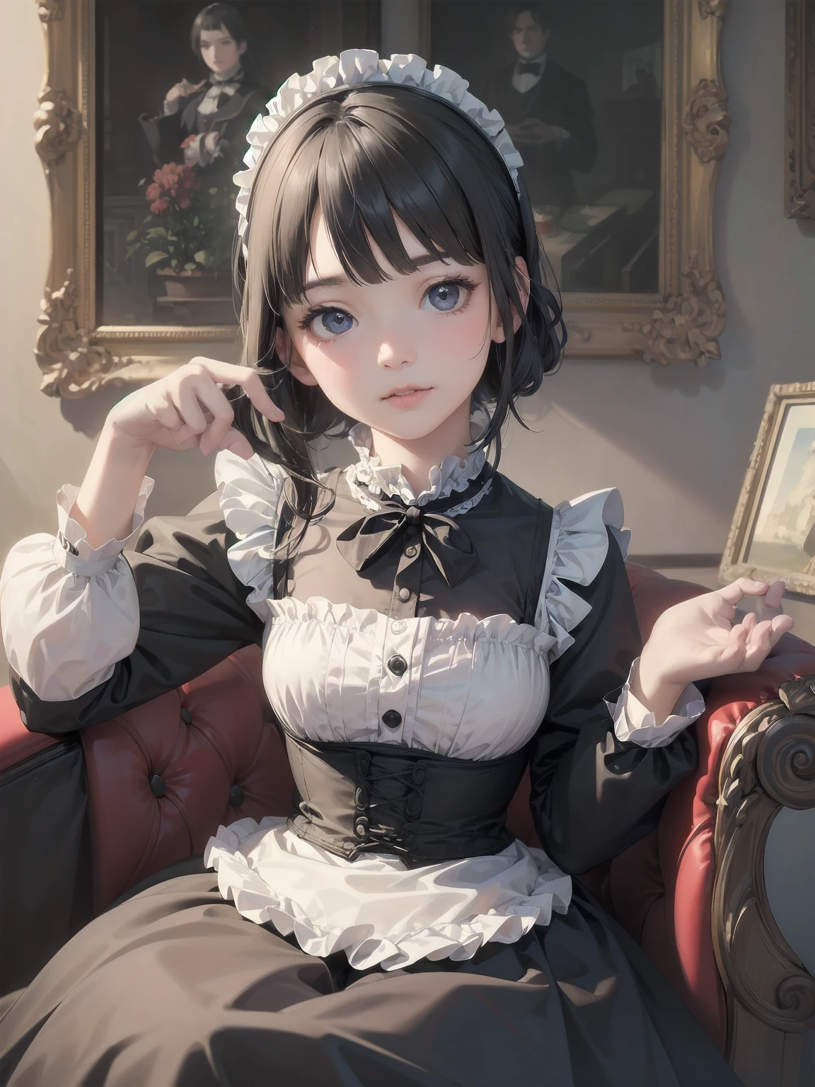 (Highest quality、16K、masterpiece、Ultra-high resolution、Victorian era、Photorealistic:1.2)、A delicate Lolita girl, 6、Cute pose super maid、