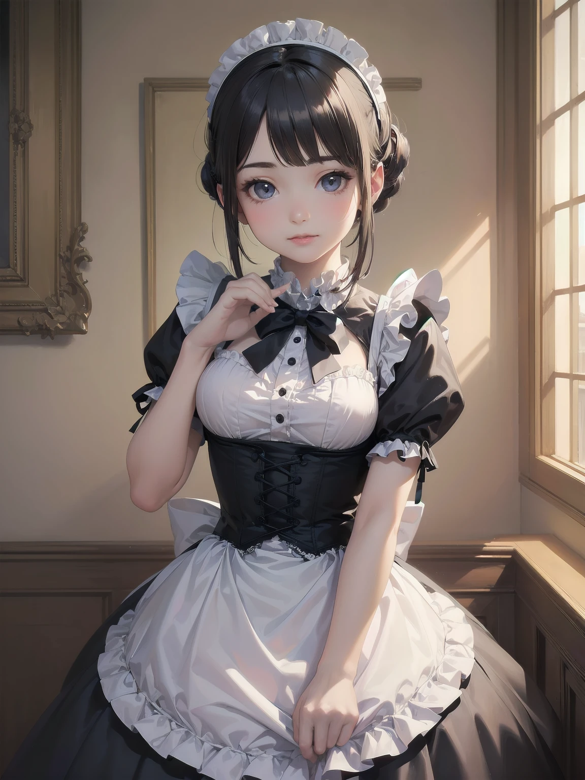 (Highest quality、16K、masterpiece、Ultra-high resolution、Victorian era、Photorealistic:1.2)、A delicate Lolita girl,  6、Cute pose super  maid、