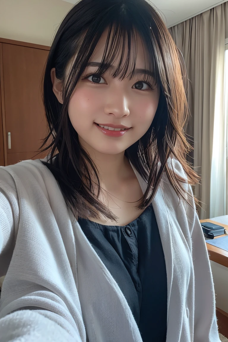 (8K, RAW Photos, Highest quality, High resolution: 1.1), (ultra Realistic: 1.4), (Realistic, Realistic: 1.3), The Beauty of Japan, pajamas, ((Upper Body: 1.3)) High resolution, Realistic image of a Japanese woman with short hair, She has big breasts and red cheeks, Look at that, smile She looks at it, smile, While taking a selfie. Her smartphone is close to her face. She appears to be live streaming from her home., Spread on the bed, With a blanket over my chest.