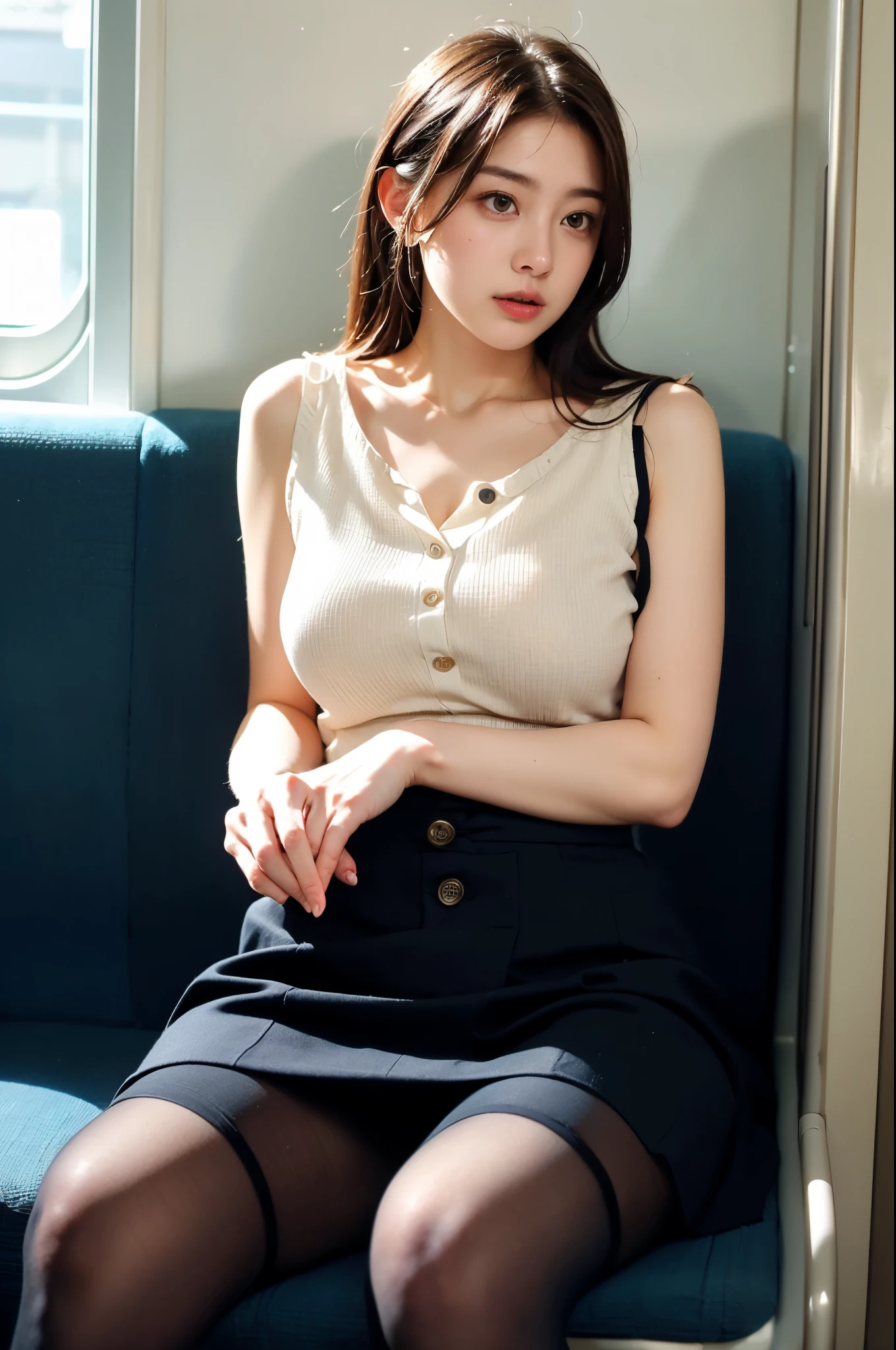 (masterpiece, Highest quality, 8K, RAW Photos, beautifully、aesthetic:1.2), Intricate details, indirect lighting, Realistic,
whole body, Sitting on a chair on the train、Staring at the viewers、Voyeur、
Square neck button-down linen sundress, (Ultra-realistic pantyhose)、
Training women , Chair to sit under skirt,