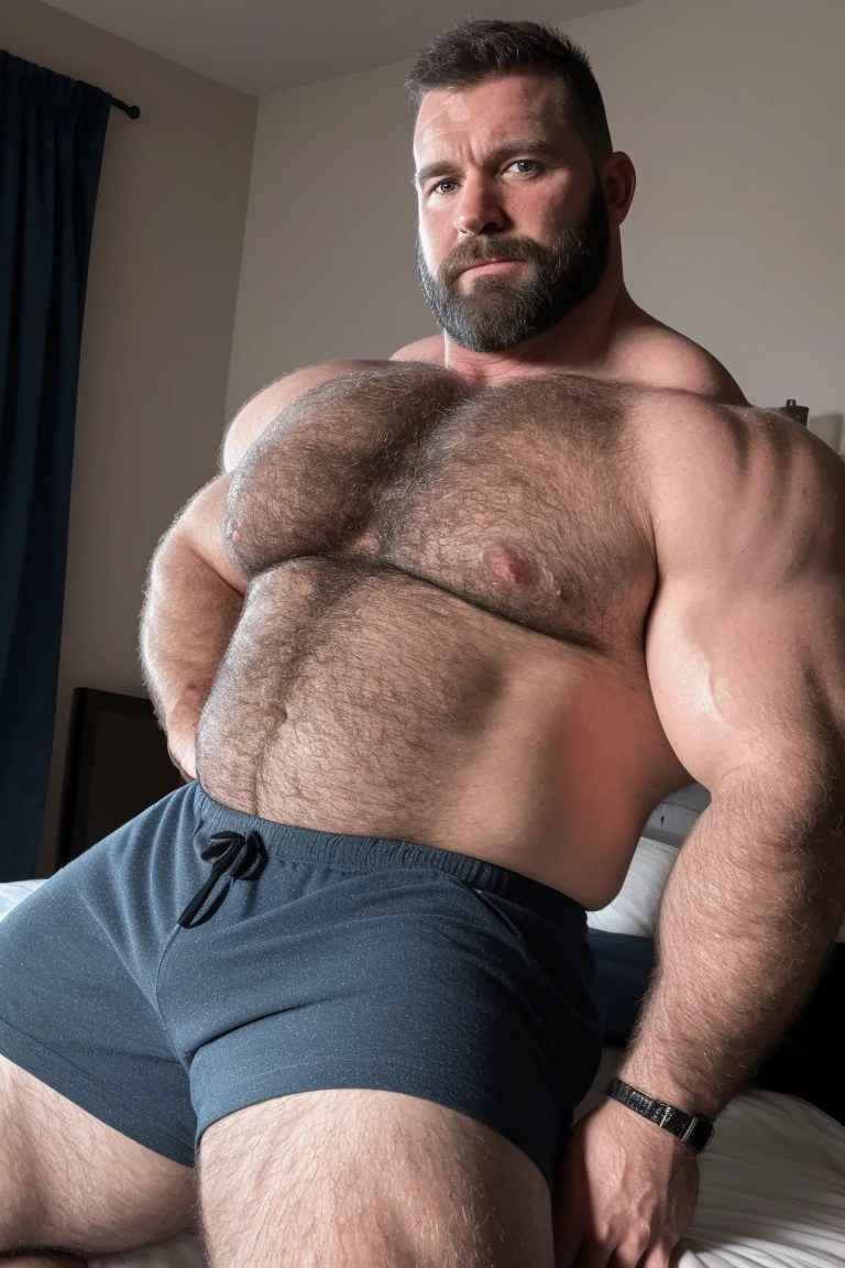 8KUHD Very HIGH RESOLUTION HDR Very Extremely Realistic Very Detailed High Quality 8K HDR Very Realistic photograph featuring a middle-aged daddy rugged bodybuilder muscle bears man, 8K very realistic detailed hairy, 8K very realistic beared big daddy muscle bear, and 8K very realistic detailed rugged burly man in shorts. 8K Very Realistic detailed shorts, 8K very realistic hair, 8K very realistic beards, 8K very realistic thick chubby fat neck, 8Kvery realistic neck lines, 8K very realistic detailed neck, 8K very realistic belly, 8K very realistic burly chest, 8K very realistic detailed hairy burly strong chest and arms, 8K very realistic detailed hairy burly strong chest and arms, 8K very realistic pecs, 8K very realistic burly muscle bear body, 8K very realistic nipples, 8K very realistic burly muscle bear body, 8K very realistic face, 8K very realistic detailed face, 8K very realistic eyes, 8K very realistic detailed eyes, 8K very realistic pupils, 8K very realistic detailed pupils, 8K very realistic head, 8K very realistic waist, 8K very realistic facial features, 8K very realistic burly arms, 8K very realistic elbows, 8K very realistic hands, 8K very realistic pecs, 8K very realistic belly, 8K very realistic human man body, 8K very realistic bellybutton, 8K very realistic wrists, 8K very realistic fingers, 8K very realistic fingernails, 8K very realistic shoulders, 8K very realistic mouth, 8K very realistic lips, 8K very realistic mens clothing, 8K very realistic detailed mens clothing. 8K HDR Very Realistic Hairy Bearded Burly Muscle bear Photoshoot, 8K A very realistic burly muscle bear man in a bedroom, 8K HDR Very Realistic Intricately Detailed, 8K HDR very realistic detailed bedroom surroundings, 8K HDR very realistic surroundings lighting, No Deformities, captured with a 85mm lens, 8K HDR Very Ultra Realistic and 8K HDR Very Realistic Photograph, 8K HDR Clear HDR Quality full with very realistic real details